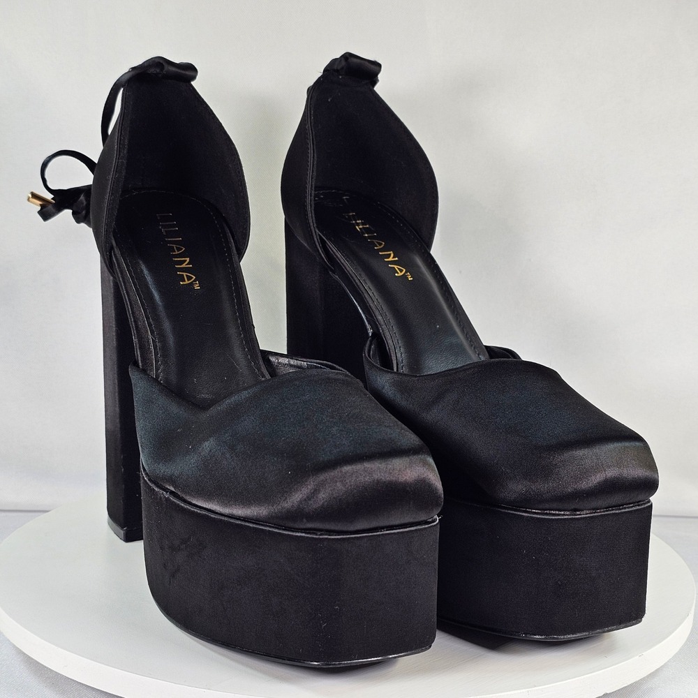 Liliana Black Satin Platform Pumps Square Toe Ankle Tie Block Heel 10 00469310